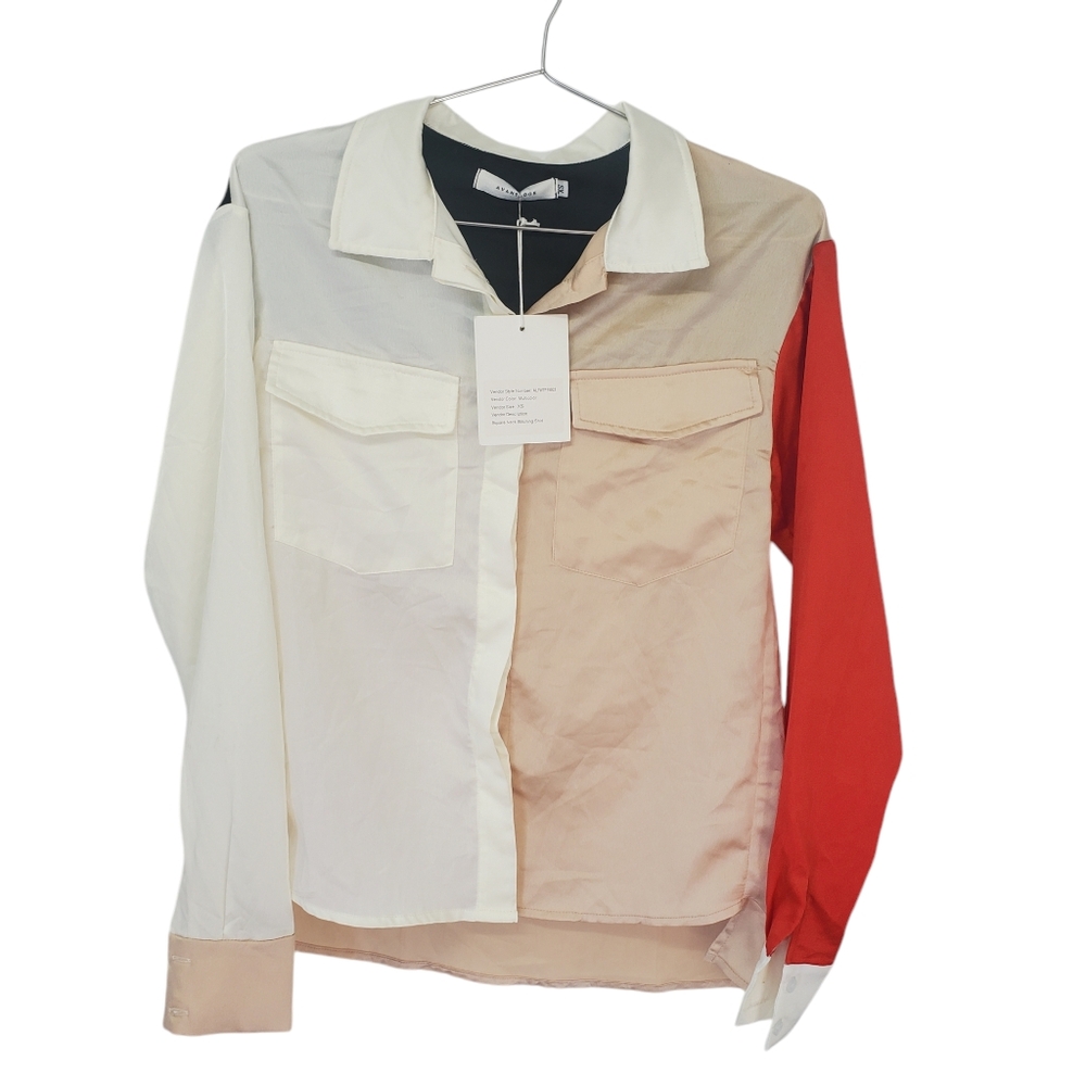 Avantlook New NWT Button Front Blouse Shirt Size XS Red Beige Black Color Block